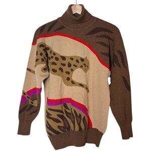 Mondi VTG 100% Wool Cat Puma Jaguar Turtleneck Sweater Size 38 Brown 80s 90s